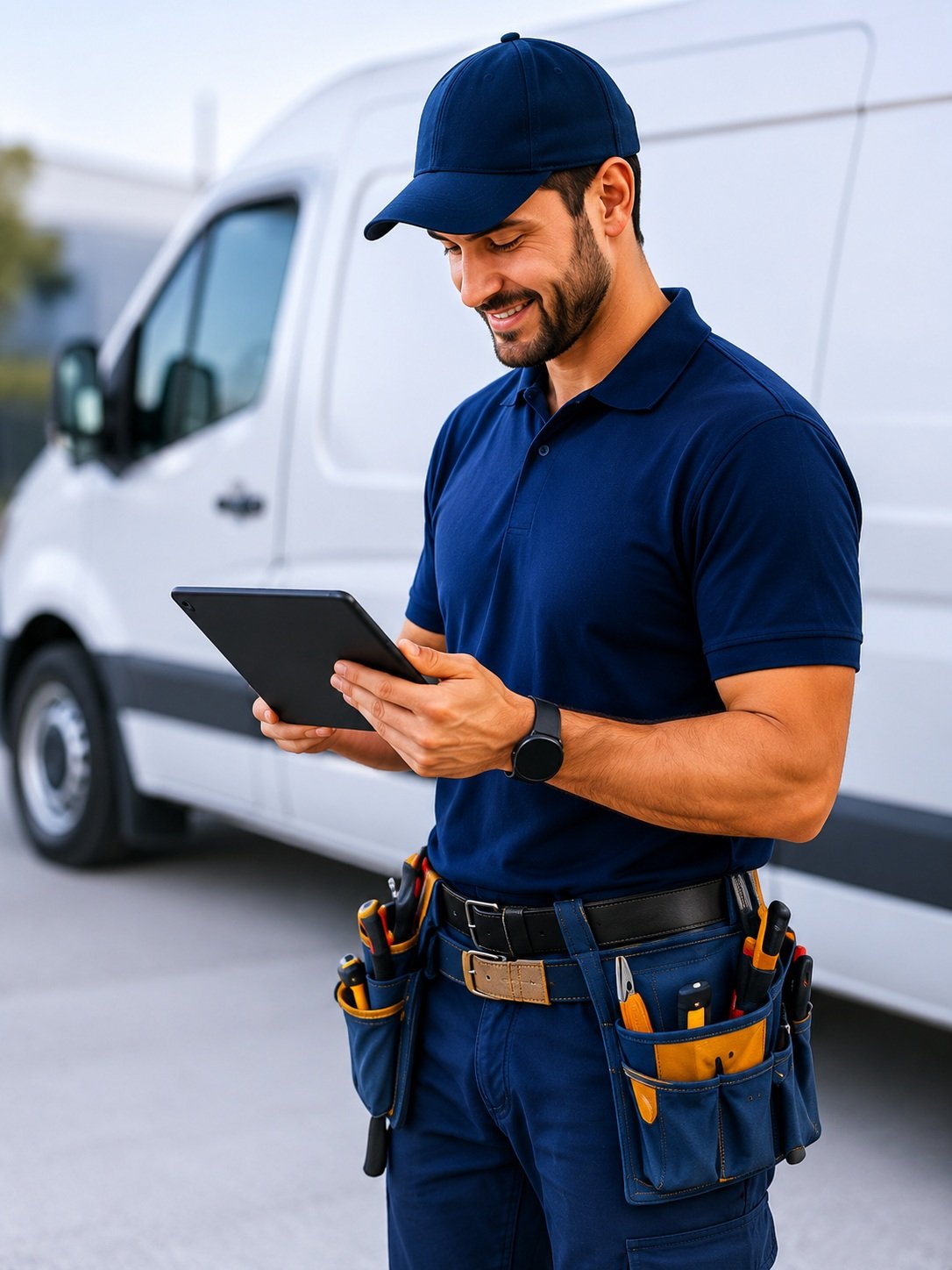 Instalador usando tablet ao lado do veículo de trabalho